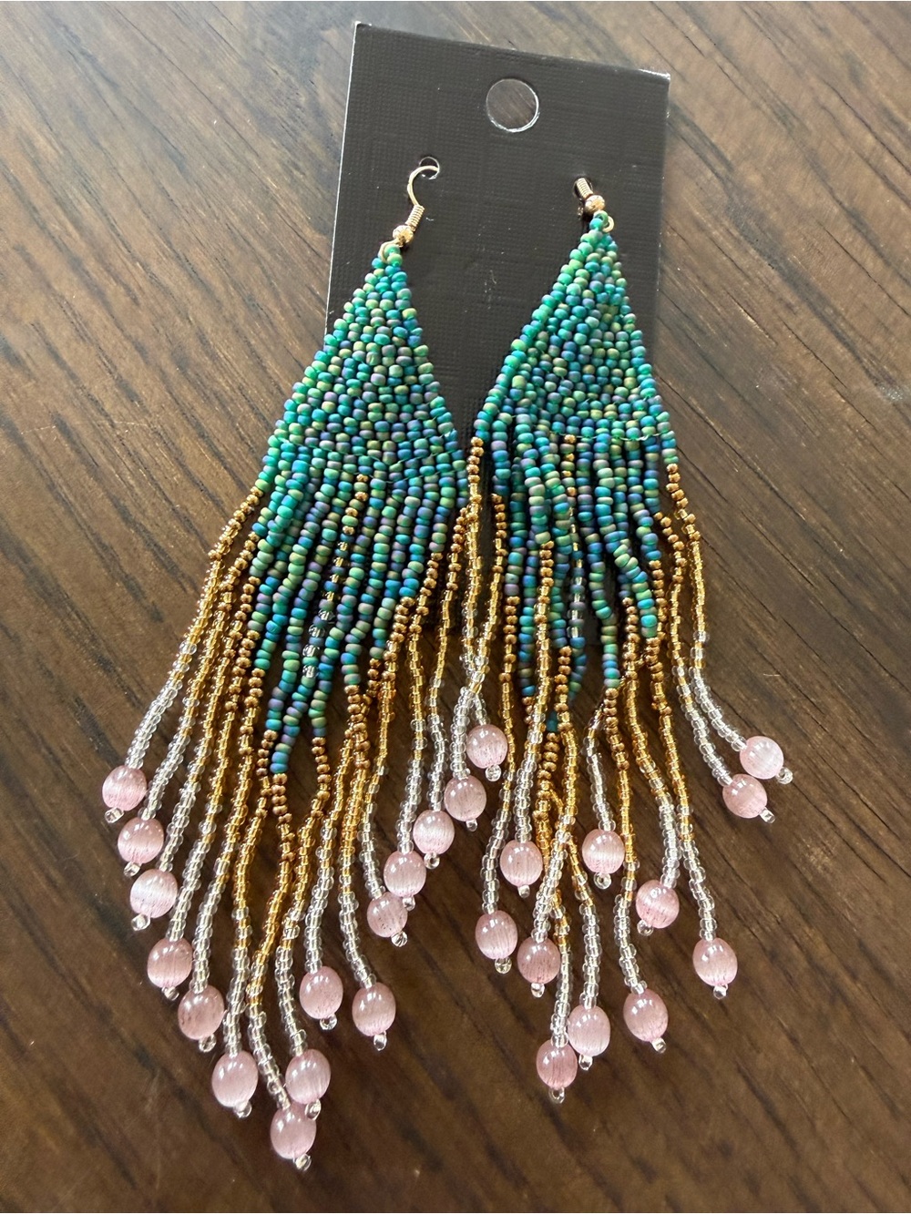 Handmade Beaded Fringe Earrings — Turquoise, Gold & Pink